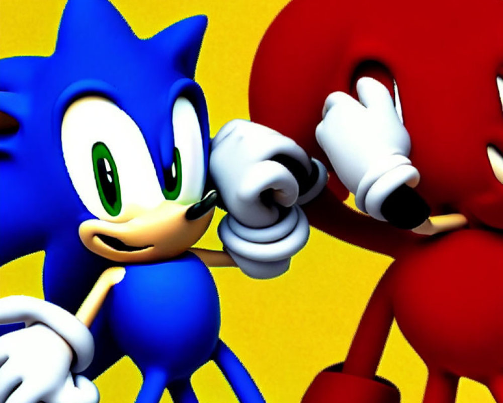 Blue and red hedgehogs with oversized gloves in a thumbs-up pose on yellow background