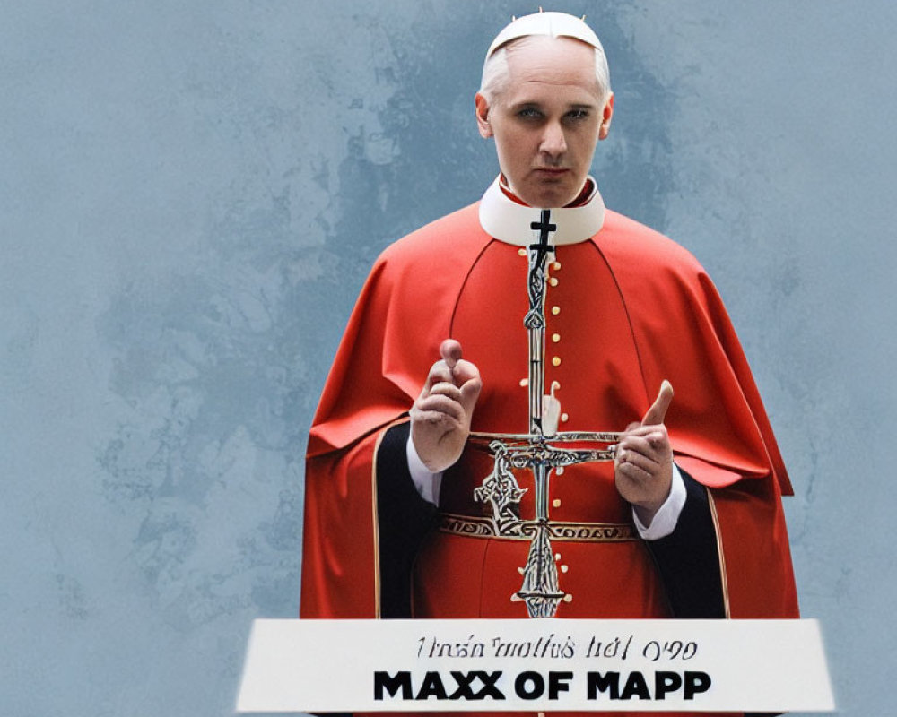 Solemn Pope Costume Holding Crucifix on Blue-Grey Background