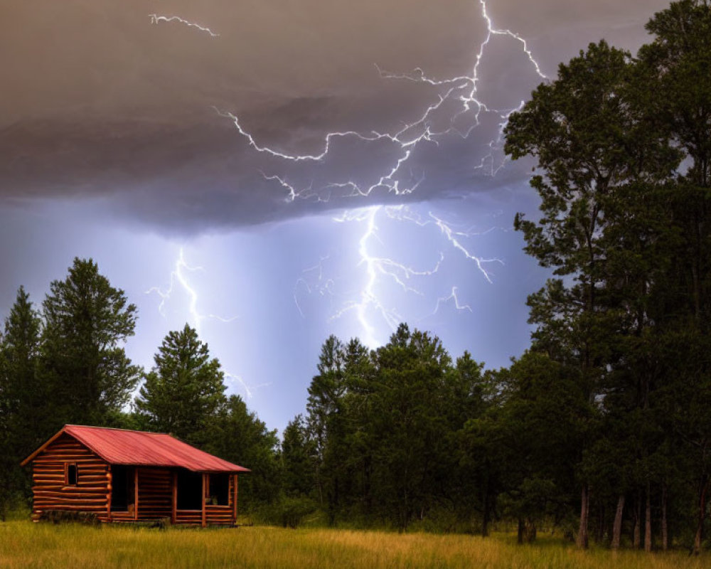 Rustic log cabin in stormy field with lightning strikes