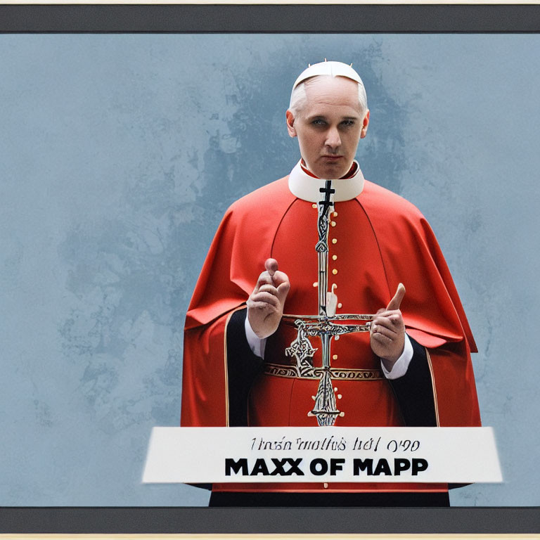 Solemn Pope Costume Holding Crucifix on Blue-Grey Background