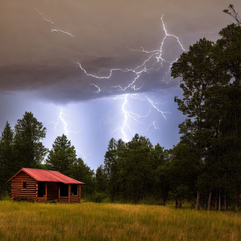 Rustic log cabin in stormy field with lightning strikes