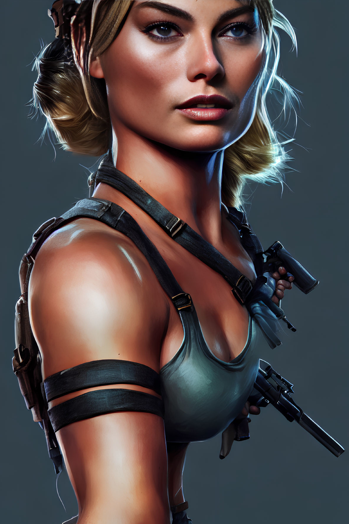 Blonde woman in tank top with gun in futuristic soldier style