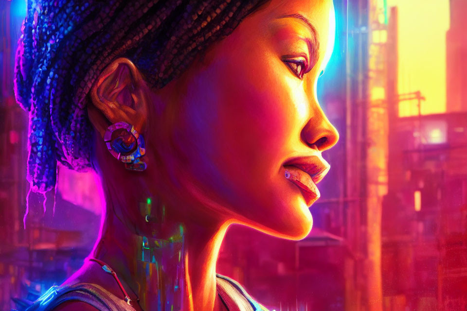 Woman with Cybernetic Enhancements in Neon-lit Futuristic Setting