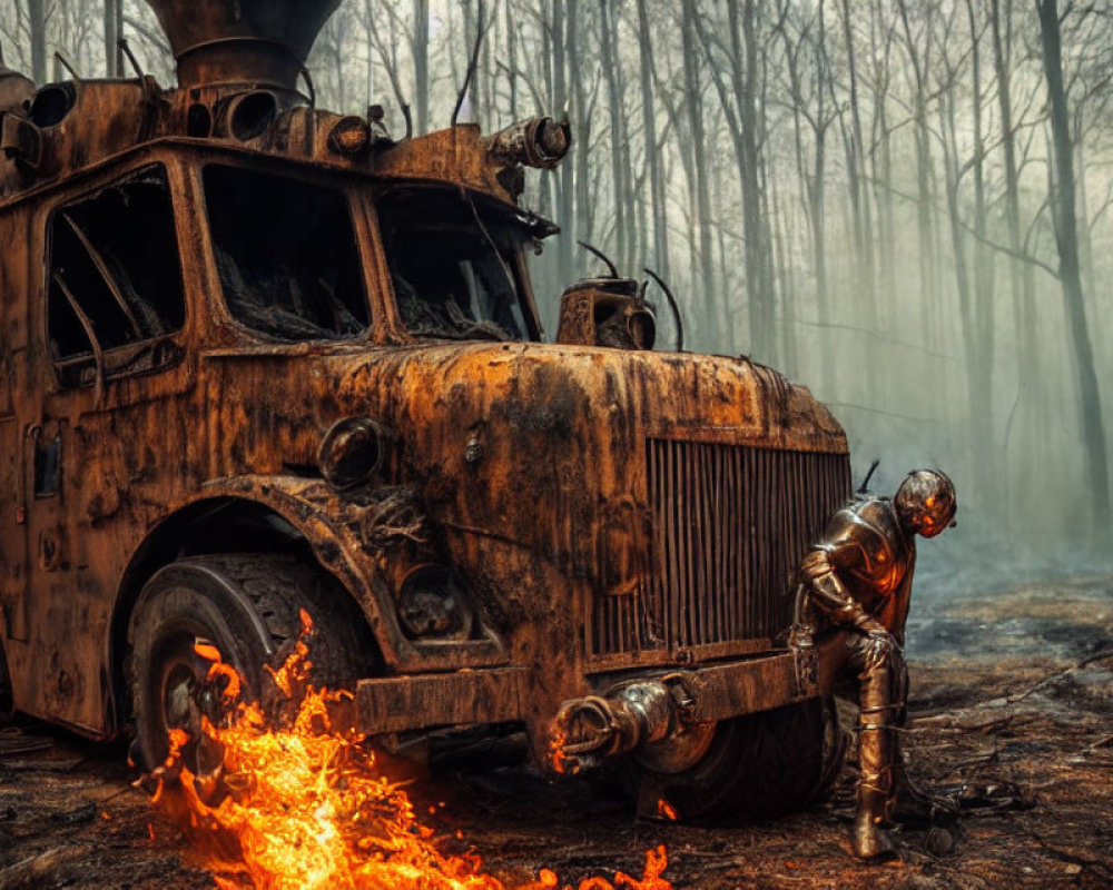 Firefighter near burnt-out truck in smoky forest with small flame