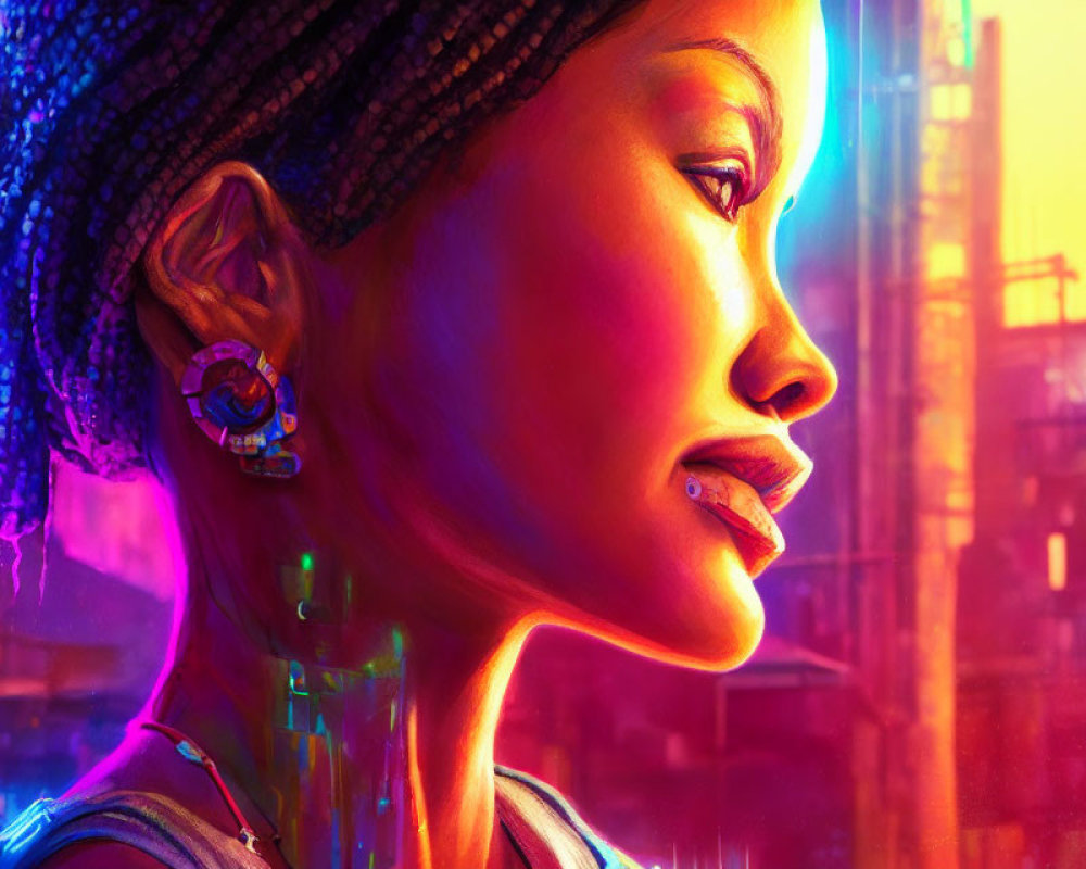 Woman with Cybernetic Enhancements in Neon-lit Futuristic Setting