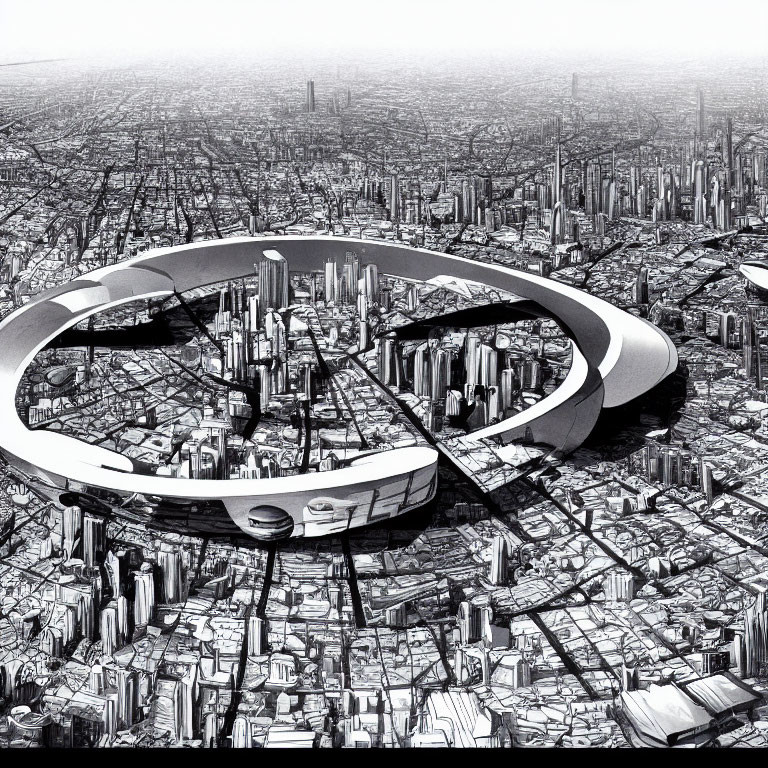 Futuristic cityscape with dense skyscrapers and loop structure