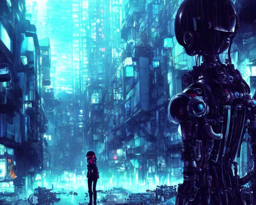 Cybernetic figure in neon-lit futuristic cityscape overlooking human in rain-soaked alley