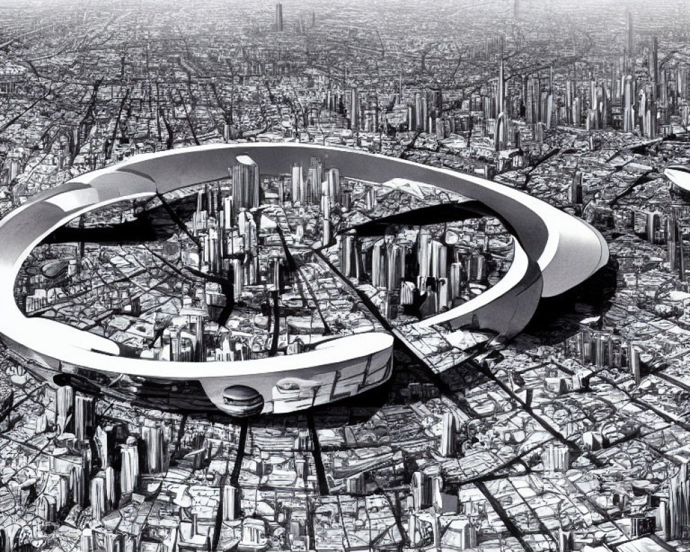 Futuristic cityscape with dense skyscrapers and loop structure