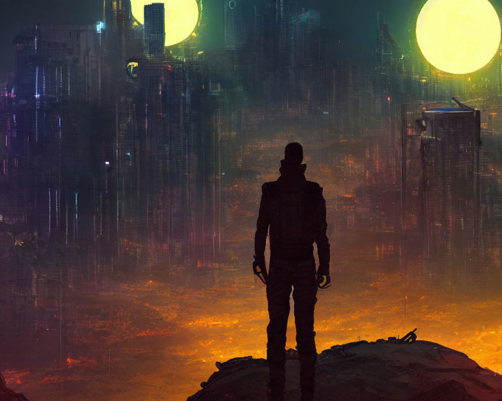 Solitary figure in cyberpunk cityscape at night with neon lights