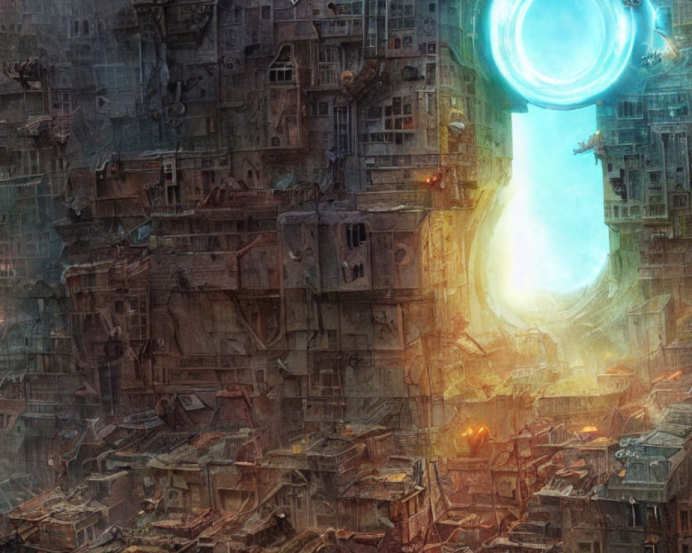 Dystopian cityscape with glowing portal and flying craft