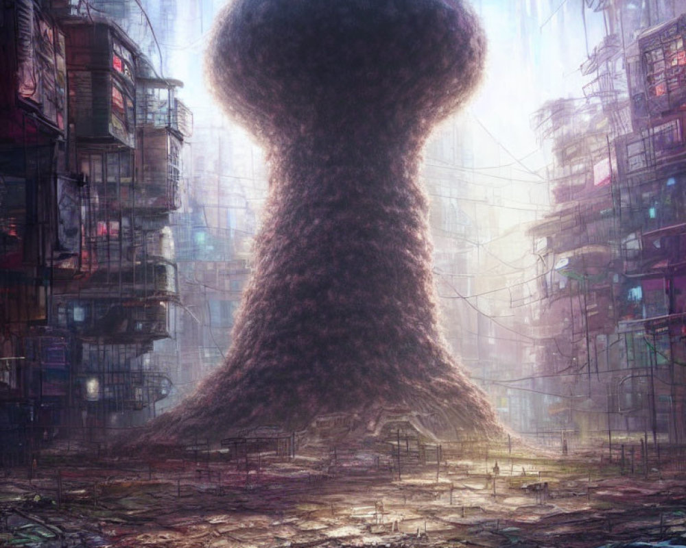 Dystopian cityscape with massive mushroom cloud