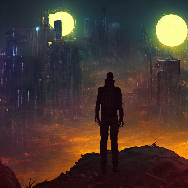 Solitary figure in cyberpunk cityscape at night with neon lights