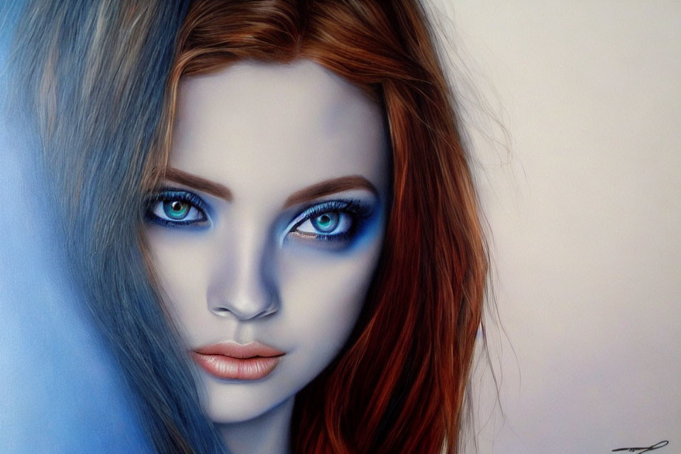 Portrait of a woman with blue and red hair and striking blue eyes