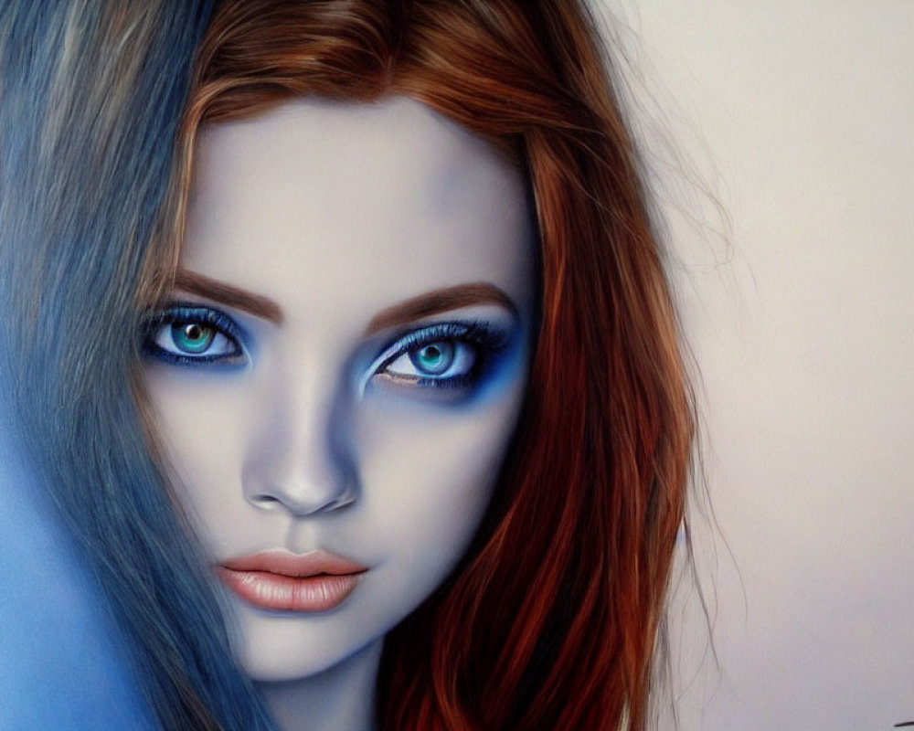 Portrait of a woman with blue and red hair and striking blue eyes