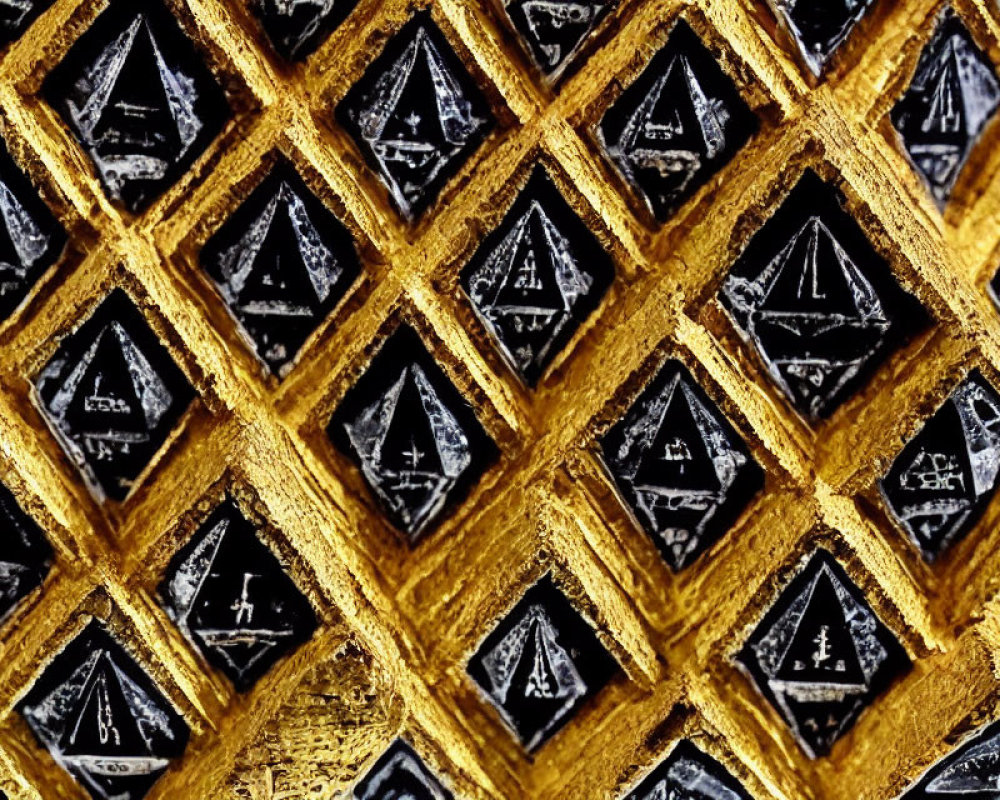 Golden lattice structure with black inlay and triangular patterns: Luxurious and ornate texture