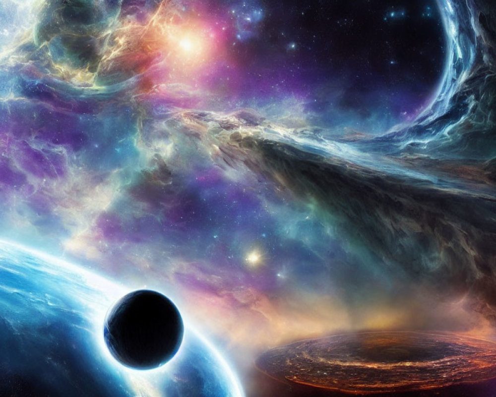 Colorful cosmic scene: nebula, stars, blue planet, black hole, fiery planet