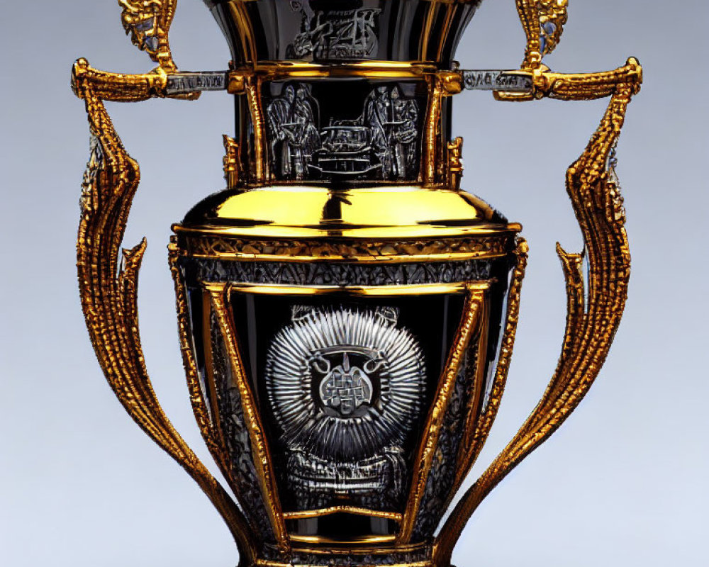 Intricate Black and Gold Trophy with Mythical Creature Handles