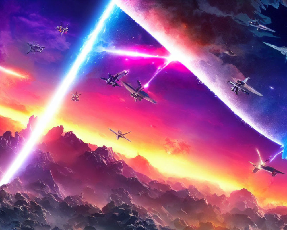 Colorful space battle illustration with vibrant lasers in cosmic backdrop