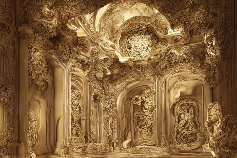 Opulent Baroque Golden Interior with Intricate Carvings and Sculptural Details