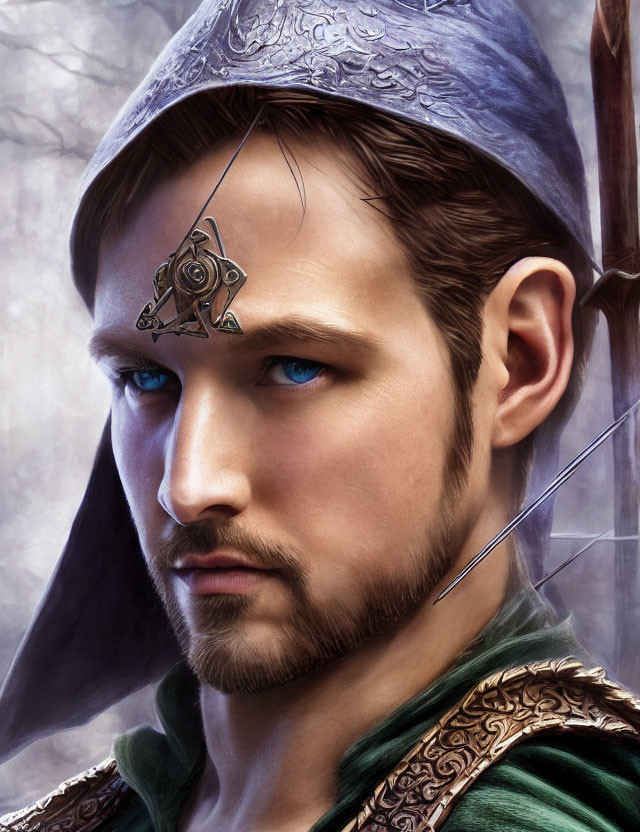 Digital artwork: Elf with blue eyes, silver circlet, detailed green garb, mythical aura.