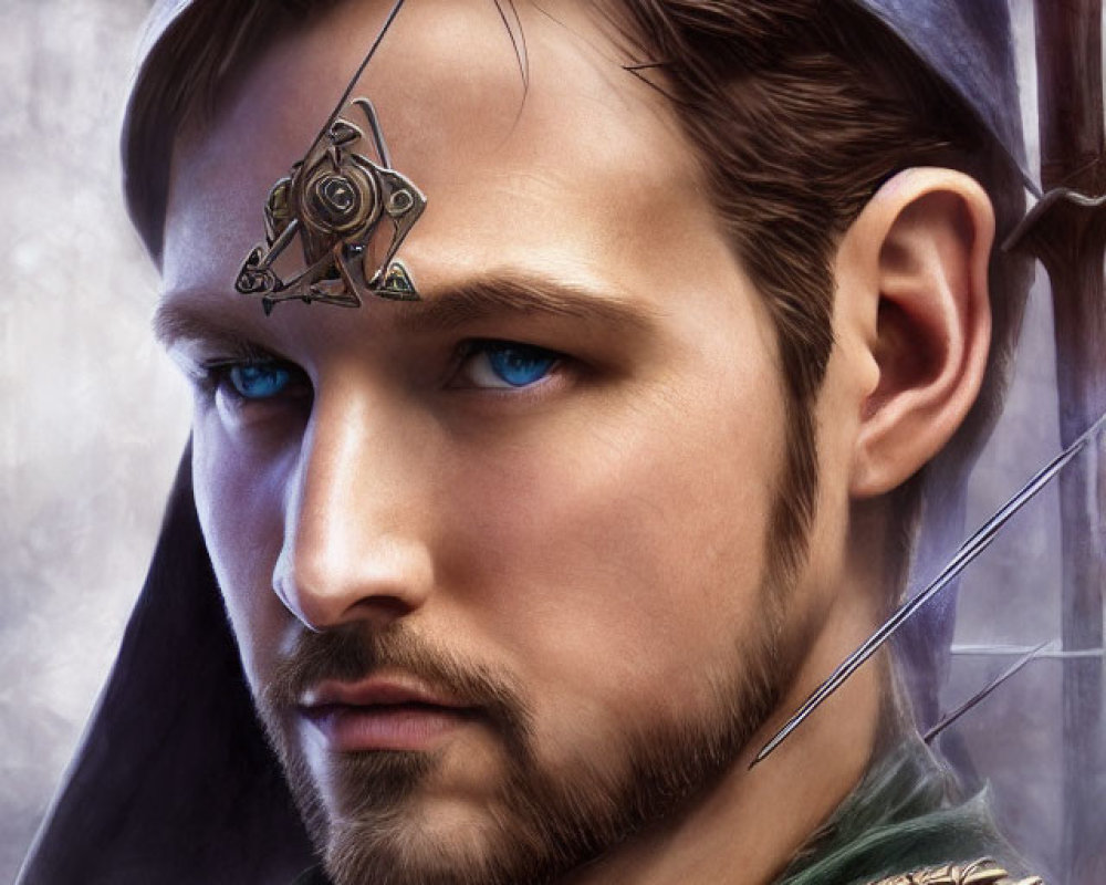 Digital artwork: Elf with blue eyes, silver circlet, detailed green garb, mythical aura.