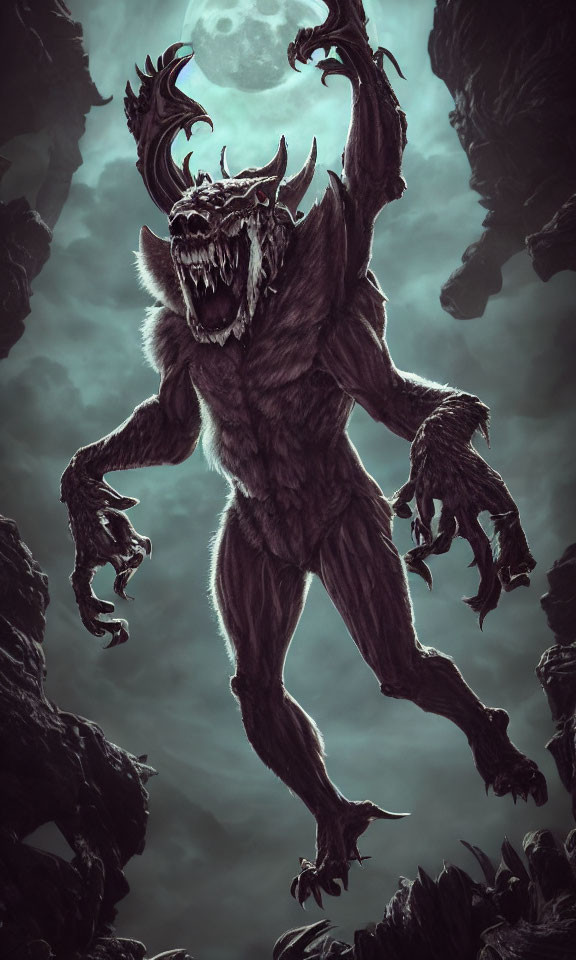 Menacing werewolf-like creature with horns and claws under moonlit sky