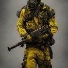 Person in Yellow Hazmat Suit with Gas Mask and Tactical Weapon on Grey Background