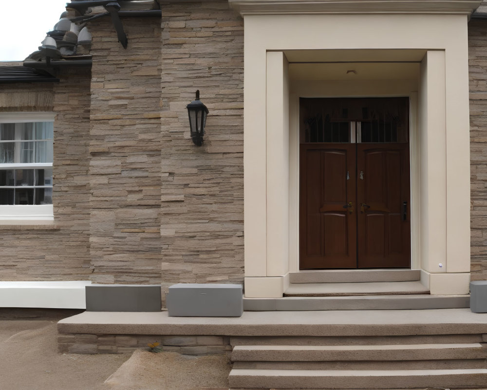 Residential Entrance with Brown Wooden Door and Glass Panels