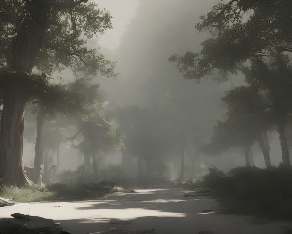 Tranquil Forest Scene with Tall Trees and Misty Path