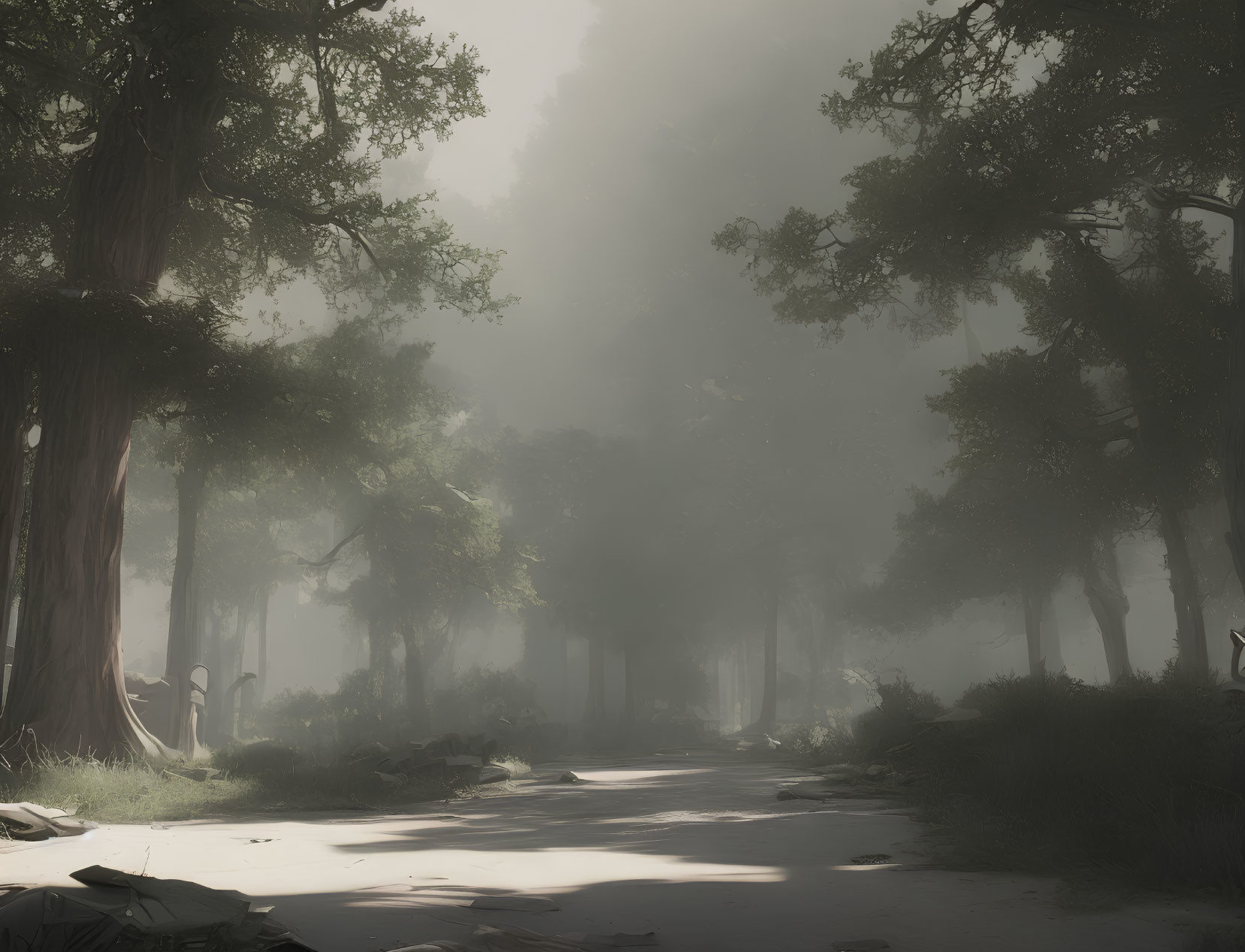 Tranquil Forest Scene with Tall Trees and Misty Path