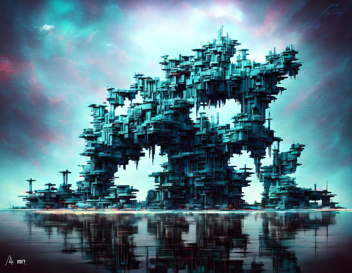 Futuristic fractal structure on reflective water under dramatic sky