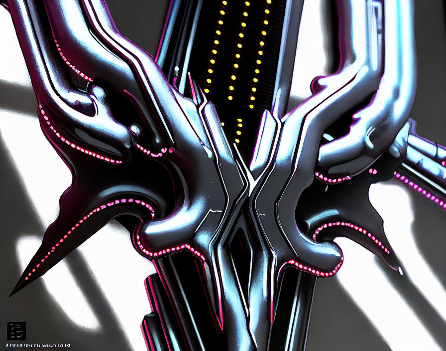 Futuristic metallic sculpture with glowing neon accents and intricate details