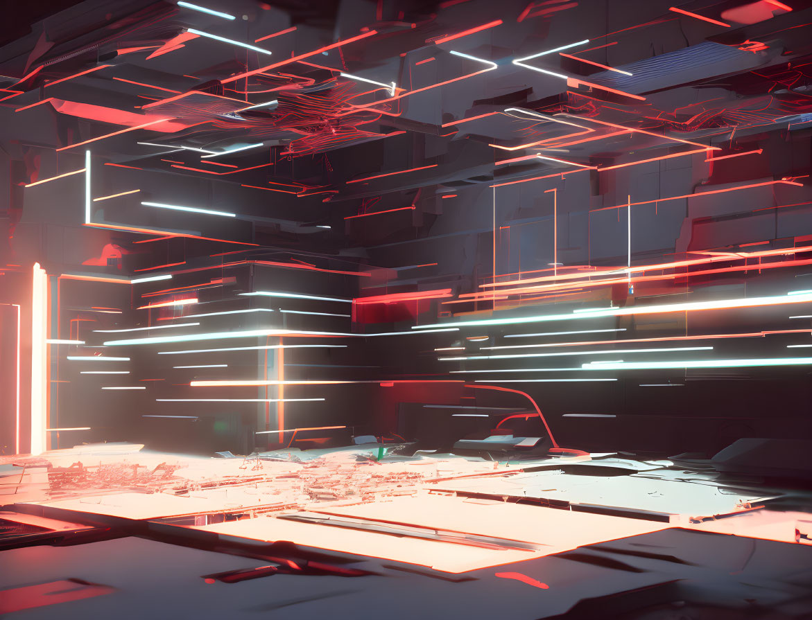 Futuristic room with glowing lines and cyberpunk aesthetic