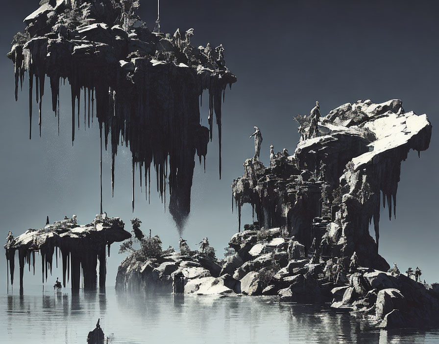 Surreal Floating Rocky Islands with Snow and Icicles