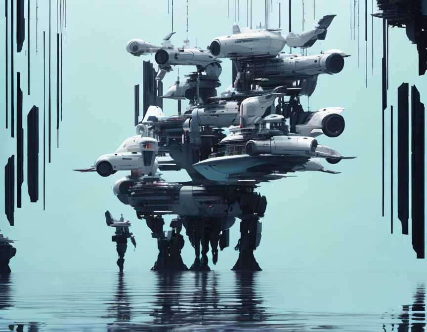 Futuristic floating city with spacecraft-like structures above water