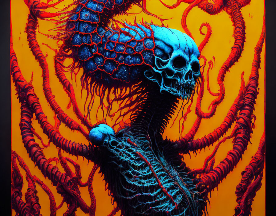 Colorful Skeleton Artwork with Blue Skull and Red Tentacles on Orange Background