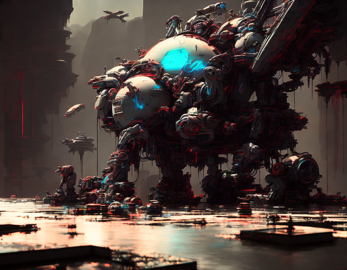 Futuristic robotic scene with complex structures and flying crafts in crimson sky