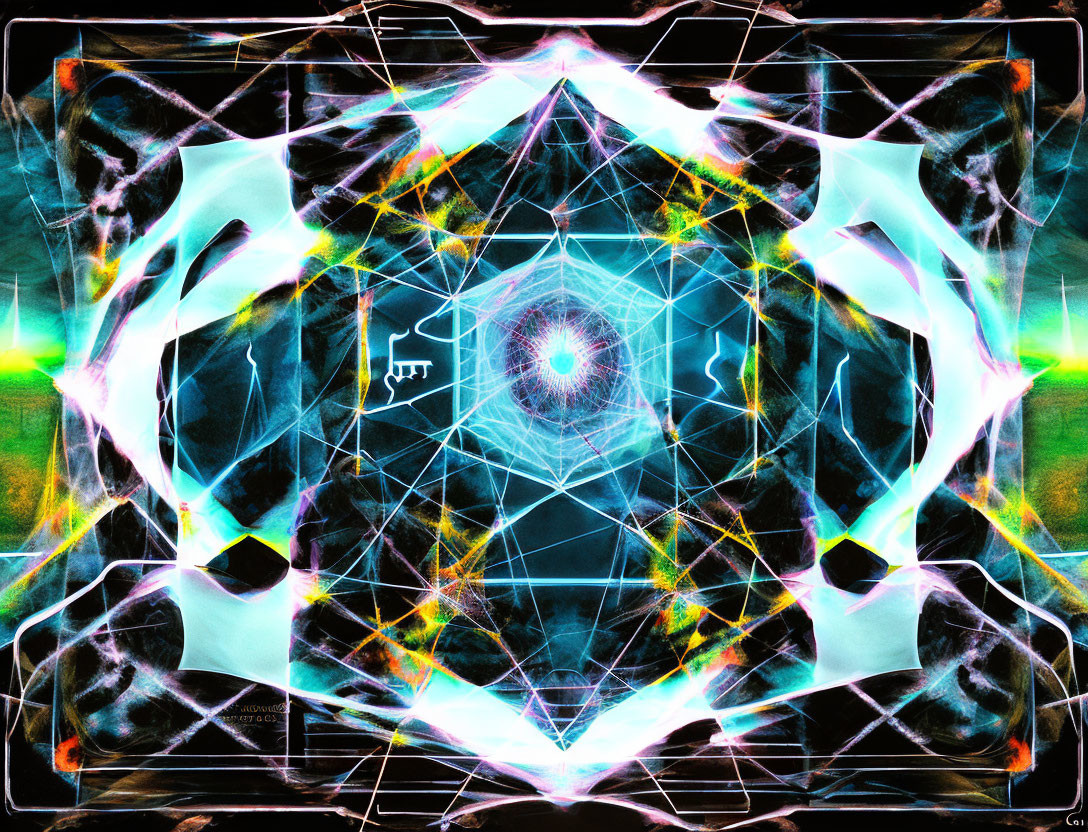 Symmetrical Abstract Digital Art: Vibrant Neon Colors, Geometric Shapes, Electric Lines