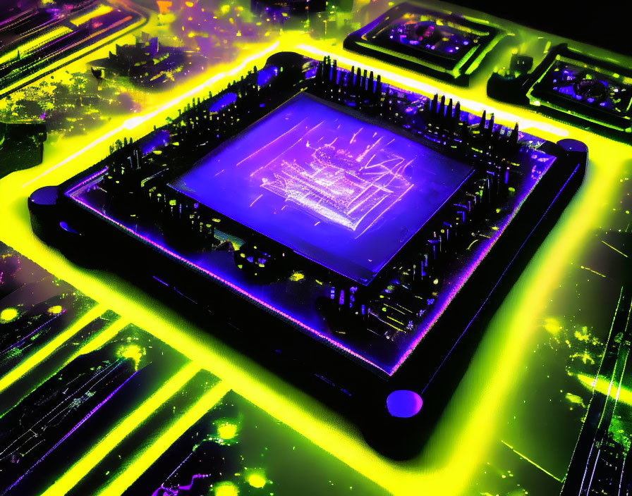 Colorful Close-Up of Glowing Computer Processor Circuitry