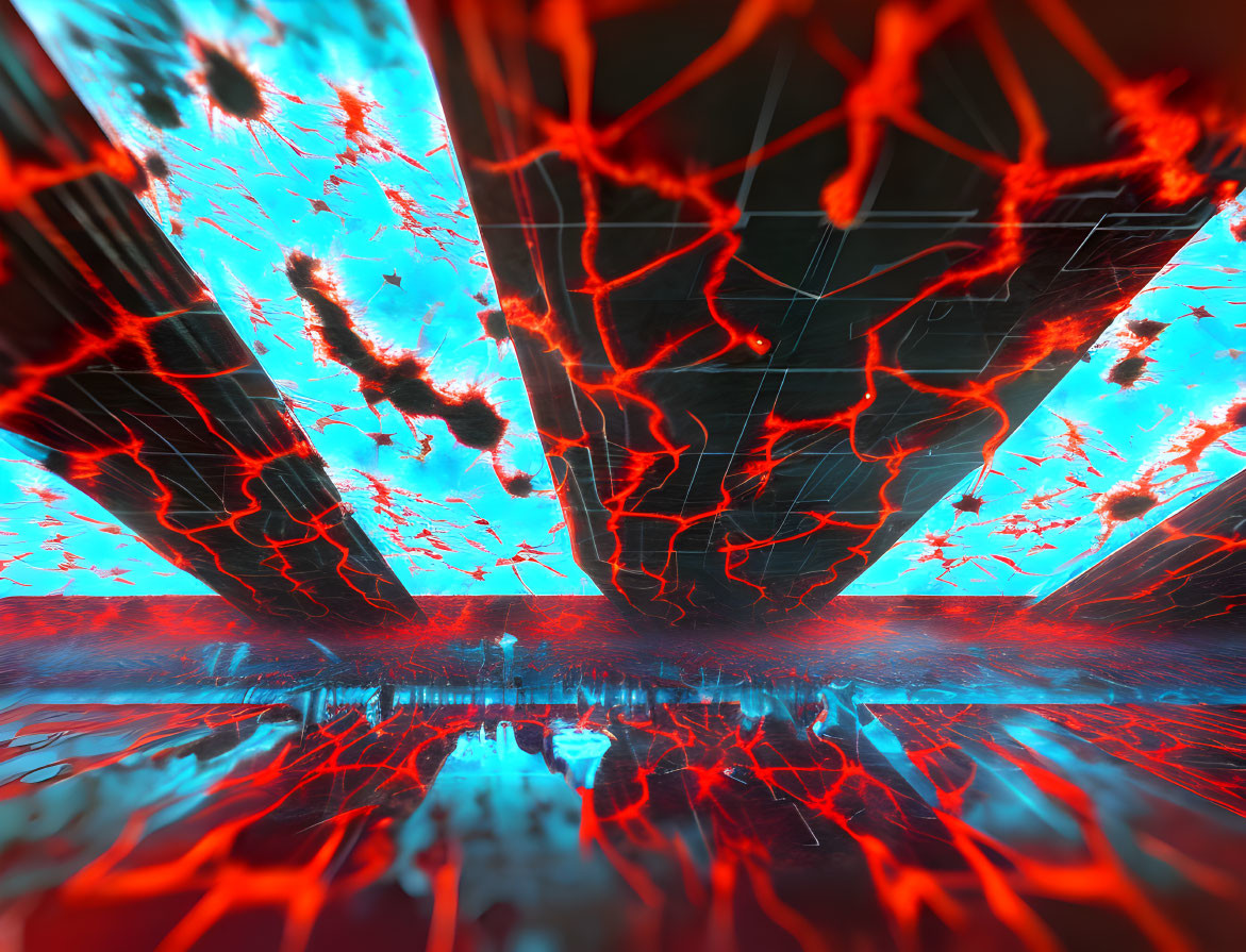 Futuristic tunnel with blue walls and red electric veins reflected on glossy surface