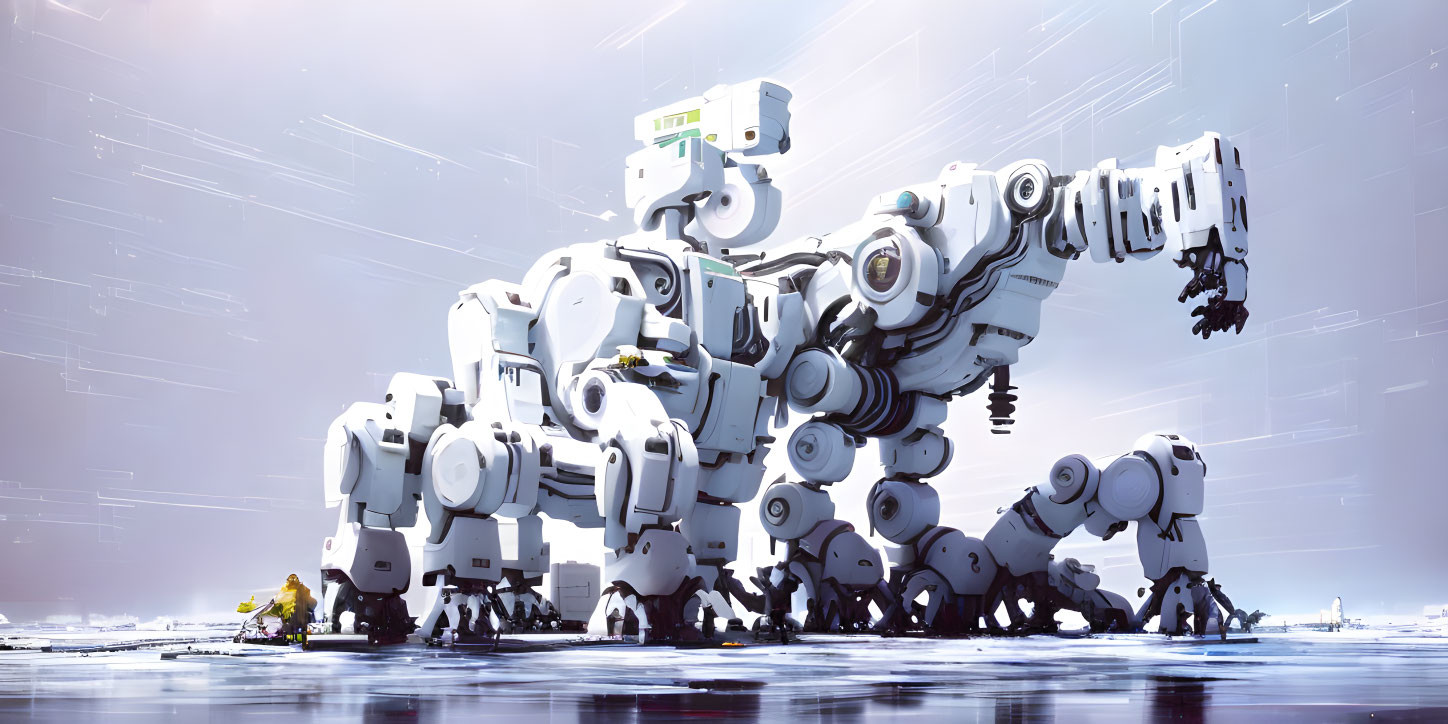 Futuristic white quadruped robot with articulated limbs and joints on sleek surface with small yellow robot