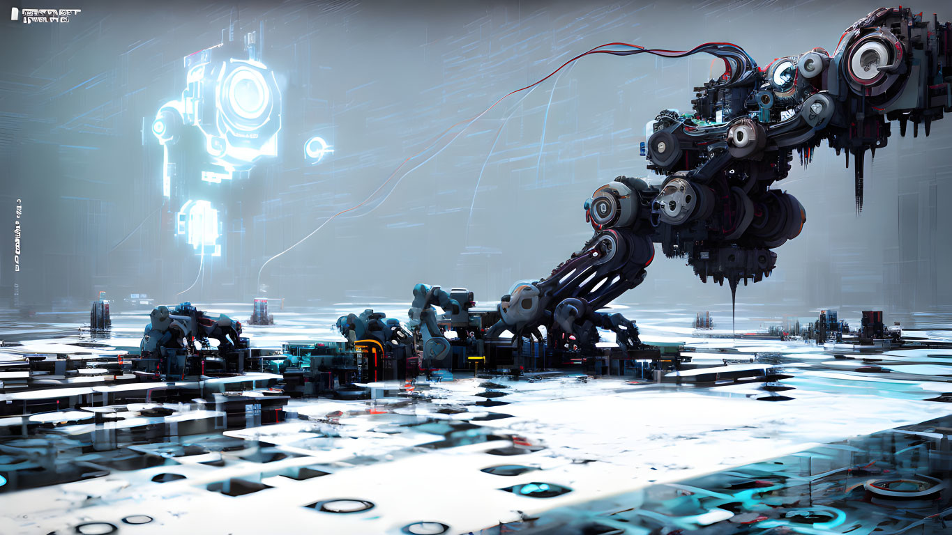 Futuristic robotic arm with intricate gears on grid-patterned floor surrounded by smaller machines and digital holog