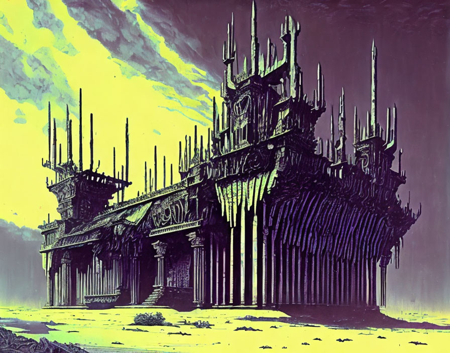 Gothic Sci-Fi Palace with Towering Spires in Yellow and Purple Sky