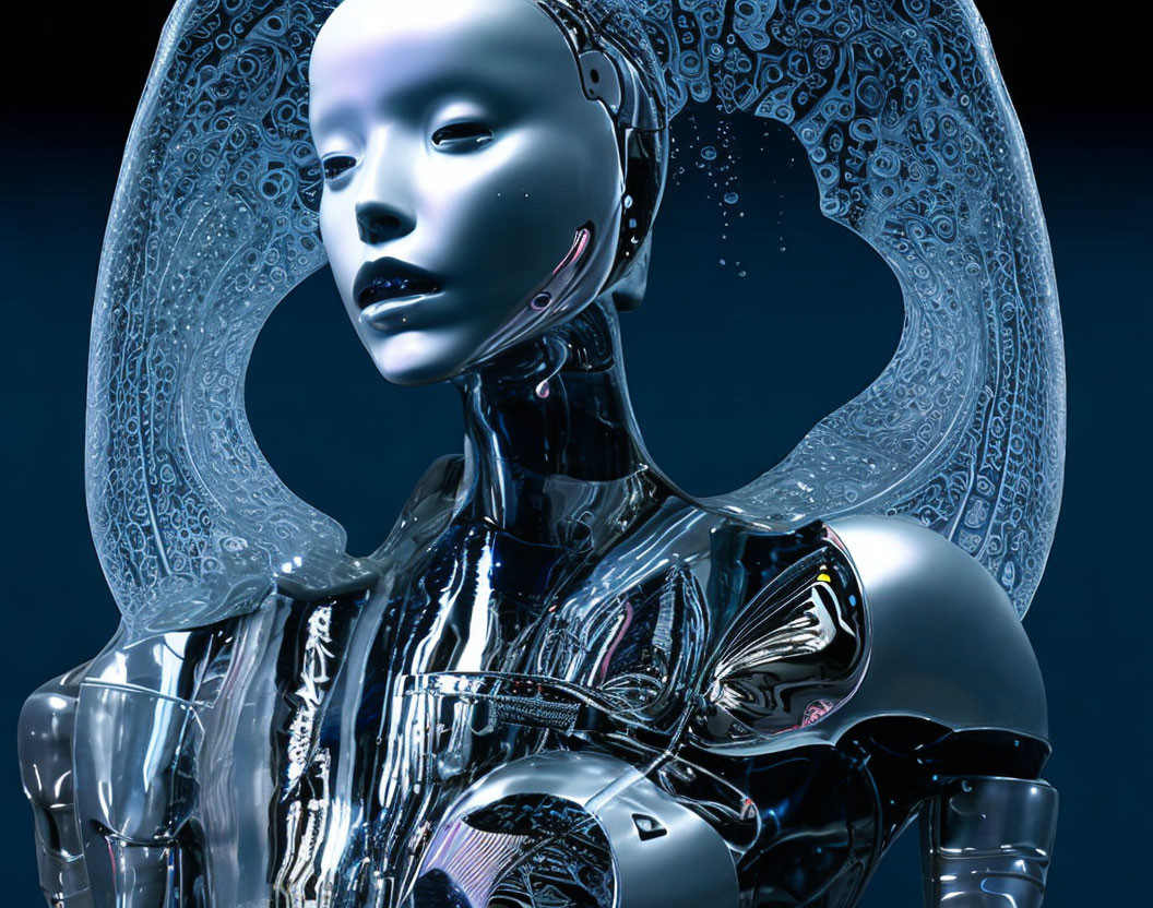 Futuristic metallic female android with intricate patterns in shades of blue and silver