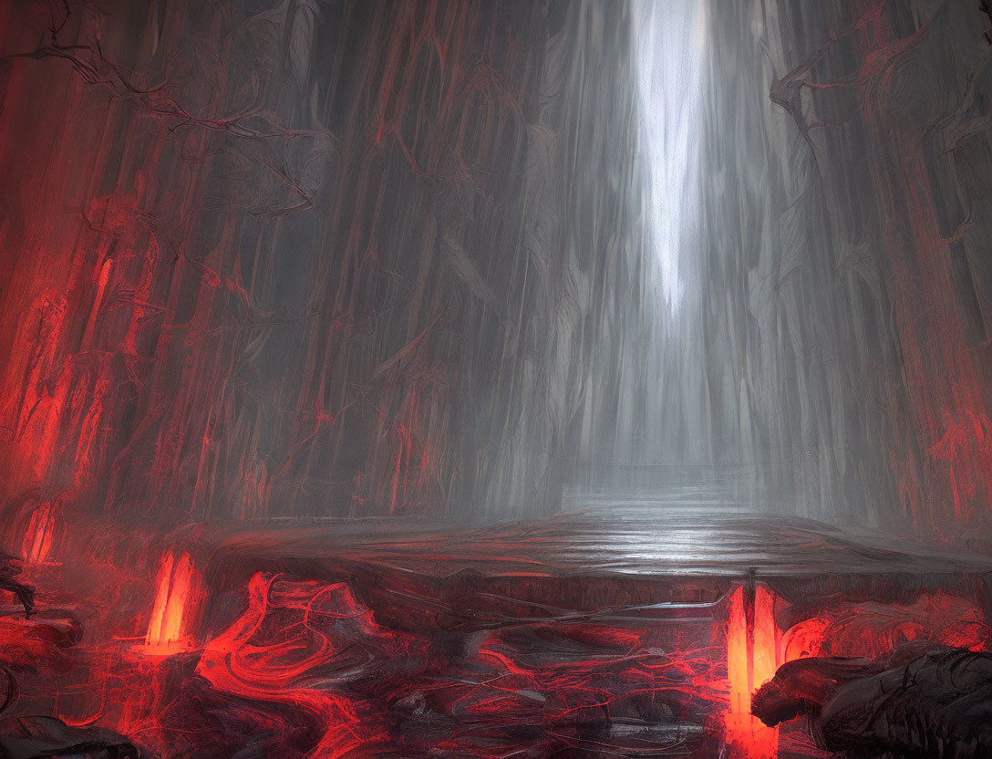 Ethereal illuminated waterfall in dark cavern