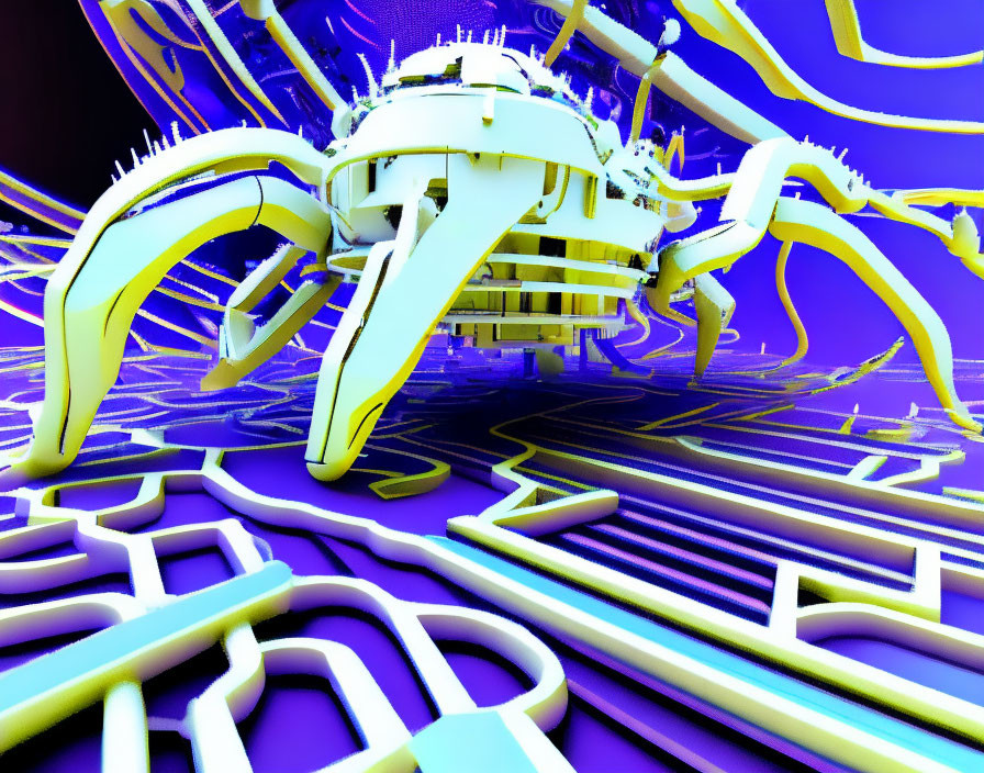 Vivid 3D rendering of crab-like structure in surreal maze pattern