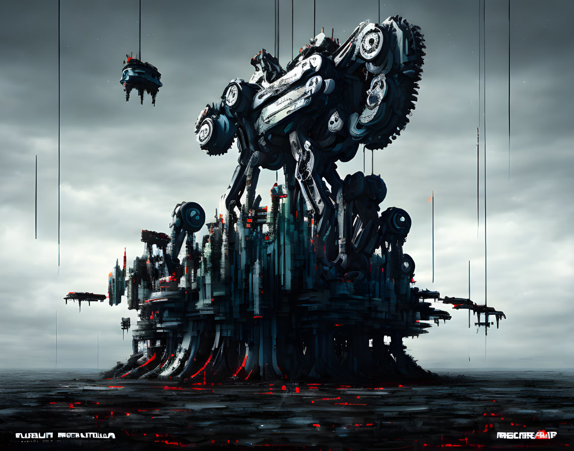 Dystopian cityscape with giant mech and flying vehicles in dark, cloudy sky