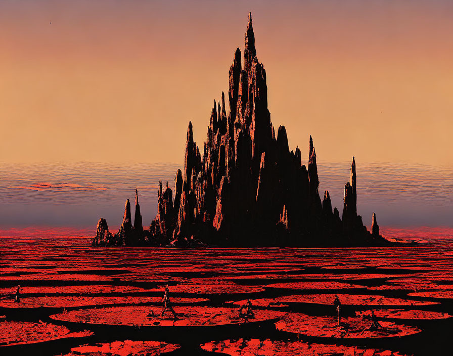 Dramatic spire-like rock formation in surreal landscape