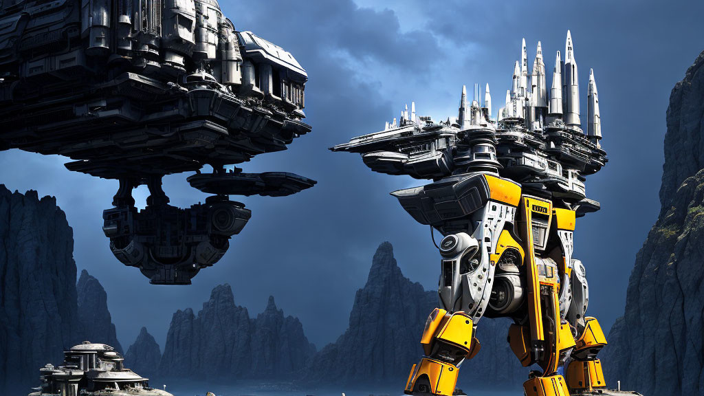 Yellow and Black Construction Mecha Robot with Crane Between Towering Cliffs and Floating Structure