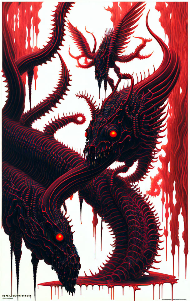 Vivid Red and Black Dragon Illustration with Multiple Eyes and Horns